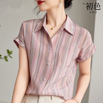 初色 休閒經典多色直條紋翻領排扣短袖小飛袖寬鬆襯衫上衣女上衣-紅條紋-12341(M-3XL可選)