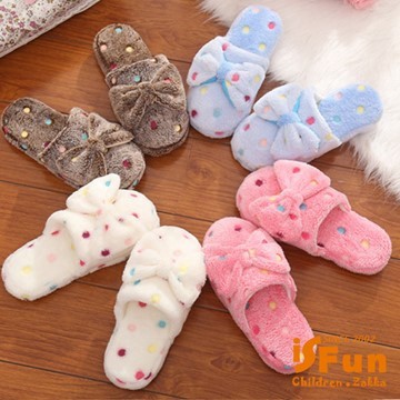 iSFun 繽紛點點毛絨保暖室內拖鞋/粉/3637號