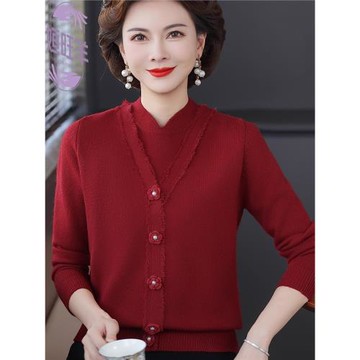 時尚媽媽裝秋冬紅色立領針織上衣中老年女洋氣保暖秋季假兩件毛衣