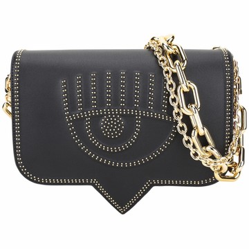 Chiara Ferragni Eyelike 大款 金珠飾眨眼對話框可拆雙鍊帶皮革斜背包(黑色)