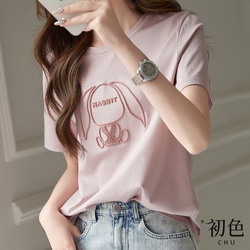 初色  純色簡約兔子刺繡圓領短袖T恤上衣女上衣-粉紅色-34410(M-2XL可選)/現貨+預購