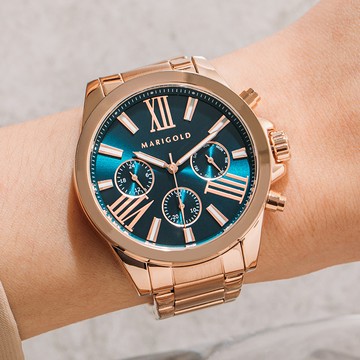 MARIGOLD愛的信仰真三眼日期顯示金屬鍊帶手錶【WMD06388】-藍綠面玫金框玫金帶