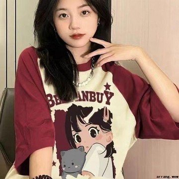 【多巴胺穿搭】夏日 卡通 短袖 夏季新款 插肩 女學生 短袖 寬鬆 顯瘦 t恤 女 多巴胺 時尚穿搭 短款上衣 ins