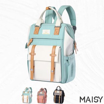 【MAISY】日系拼色大容量後背媽咪包(現+預  綠配米白 / 粉配灰 / 黑配灰)