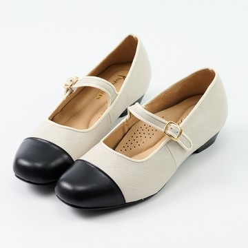 Kuru Mira方頭菱格真皮低跟鞋-米x黑