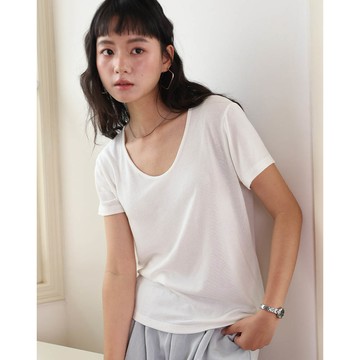 KPUWARM - 天絲亞麻修飾鵝蛋領針織短袖上衣-晶白