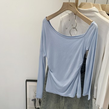 ParrotFashion設計感藍色斜肩長袖t恤女裝潮韓版2025秋季新款好物漂亮掐腰上衣