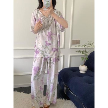 國風睡衣女春夏季新款柔軟涼快棉綢短袖學生家居服可外穿長褲套裝