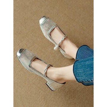 2024新款夏季銀色瑪麗珍鞋網紗透氣鏤空單鞋女淺口平底鞋軟底舒適