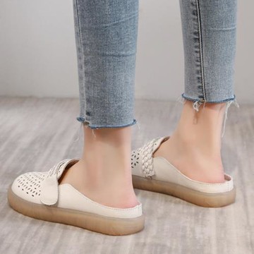 拖鞋女夏外穿平底孕婦休閑防滑真皮軟底半拖鞋女包頭一腳蹬懶人鞋