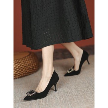 法式高跟鞋女細跟2024夏秋季新款透氣尖頭氣質水鉆皮鞋絨面工作鞋