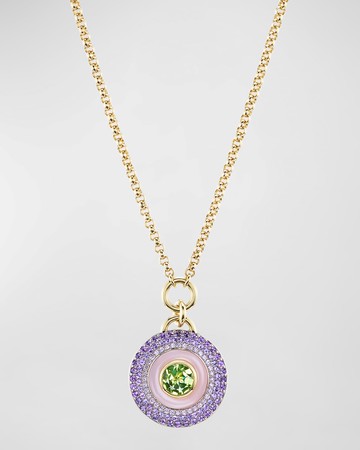 Earth Medallion 18K White and Black Gold Necklace with Peridot, Amethyst and Pink Opal