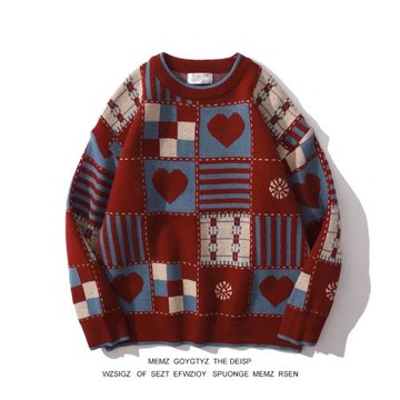 美式復古格子圣誕ins新年毛衣紅色兔年秋冬季慵懶情侶針織衫外套