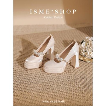 一字帶單鞋不累腳增高粗跟方頭珍珠雙層瑪麗珍防水臺厚白月光職業