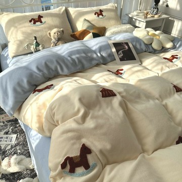 秋冬季保暖卡通ins牛奶絨四件套珊瑚絨法萊法蘭絨被套床單三件套