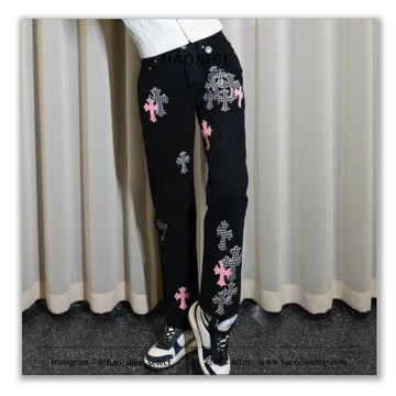【HAO NICE】100%正品 CHROME HEARTS 潮流精品格紋十字架皮革拼布牛仔褲 長褲