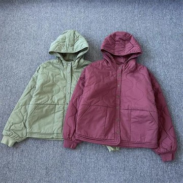 出口歐美單 短款棉衣女連帽薄棉波紋絎縫