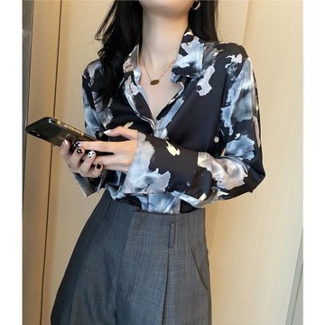Pinkeen 2025秋季黑色水墨印花襯衣氣質長袖上衣寬松高級感女襯衫