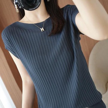 冰絲針織衫女寬松2025夏季新款灰色上衣一字領輕薄短袖t恤小衫