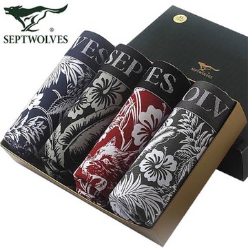 七匹狼男士內褲男平角褲純棉全棉中腰透氣棉氨彈力印花四角褲頭