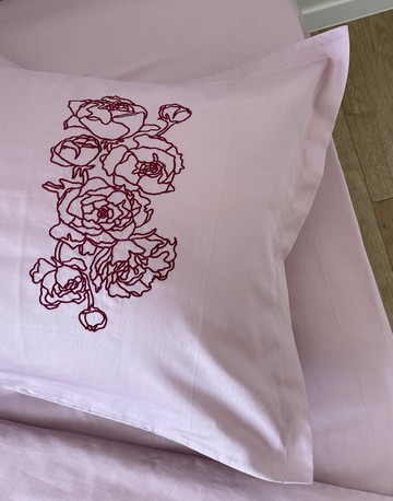 刺繡粉紅色枕頭套 | 牡丹圖案 | 信封式開口 | 100% 純棉