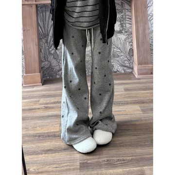 星星印花灰色休閒褲女2026春季新款寬鬆高腰百搭顯瘦時尚直筒長褲