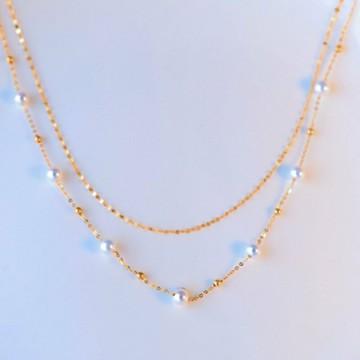 天然日本 Akoya 海水珍珠 項鍊 極強光 18K黃金 滿天星設計 雙層頸鏈 優雅百搭款式