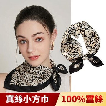 【I.Dear】100%蠶絲歐美圖騰頂級印花真絲領巾小方巾(玫瑰黑白)現貨
