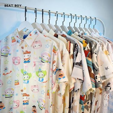 夏日彩色多巴胺可愛卡通趣味減齡花襯衫男女寬松百搭顯白短袖襯衣