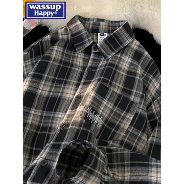 wassup happy美式格子襯衫男春秋季潮牌百搭復古襯衣高街休閑外套