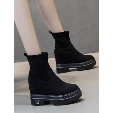 坡跟短靴女2025秋冬新款絨面內增高馬丁靴百搭高跟厚底松糕鞋裸靴