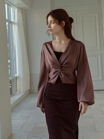 Knot satin blouse (Brown)