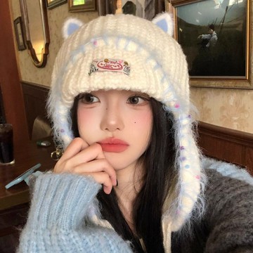可愛貓咪耳朵帽 護耳針織毛線帽 女秋冬 保暖 雷鋒帽 大頭圍 防寒套頭帽子