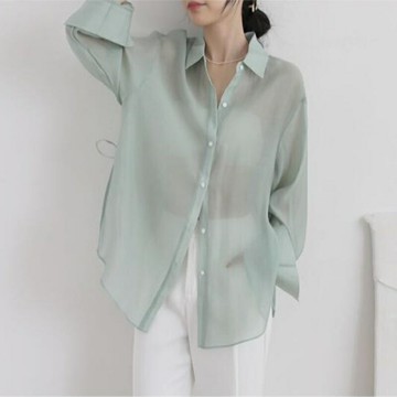 【巴黎精品】現貨+預購 防曬罩衫長袖襯衫-薄款冰絲寬鬆純色女上衣5色a1cp1