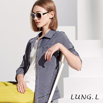 LUNG.L林佳樺 藍色棉質細條紋拼接七分袖女裝襯衫LR89A