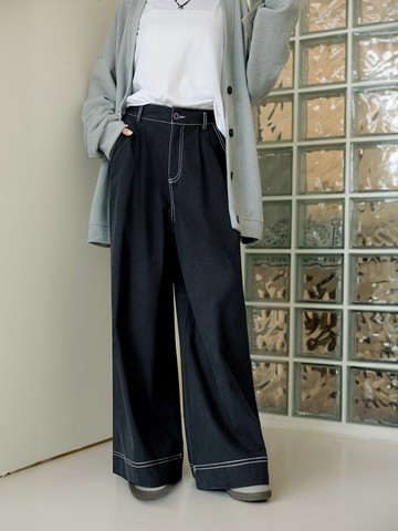 純棉素色打褶後腰鬆緊大直筒落地寬褲