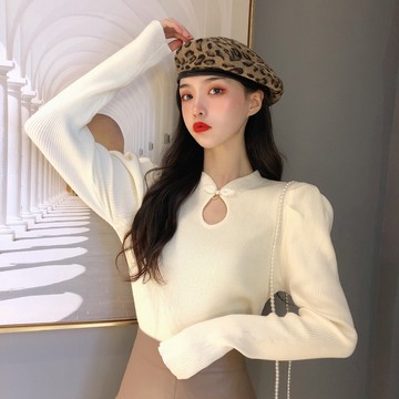 針織打底衫女內搭秋冬2021年新款洋氣修身毛衣設計感小眾盤扣上衣