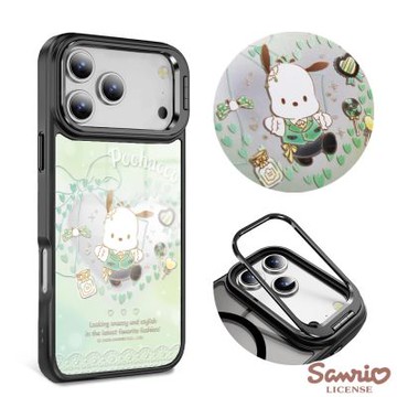 三麗鷗 iPhone 17/16/15/14/13系列 軍規防摔合金框隱形立架鏡面磁吸手機殼-甜心帕恰狗-黑框