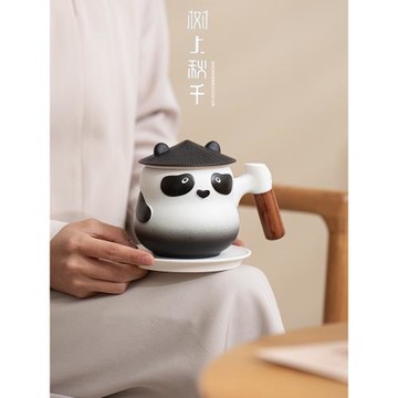 茶咖熊貓泡茶馬克杯創意陶瓷茶水分離杯子帶蓋過濾男女辦公室水杯