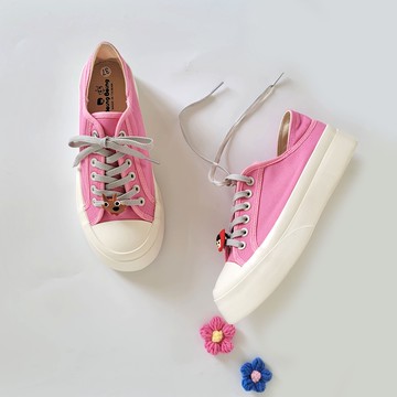 BoingBoing 兩穿可後踩大頭厚底鞋 手工毛線小花 懶人鞋 厚底鞋 女休閒鞋 帆布鞋 小紅帽鞋 - 粉紅色