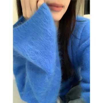 軟糯奶fufu克萊因藍色水貂絨毛衣女秋冬寬松慵懶風馬海毛針織上衣