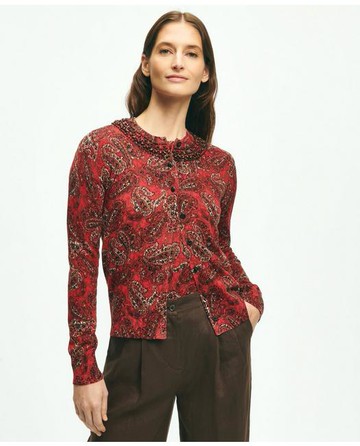 Brooks Brothers Women's Paisley Beaded Cardigan In Supima Cotton Sweater | Red | Size Large