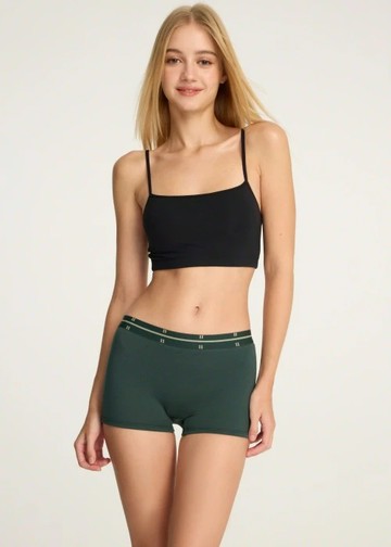 秋日呢喃．長版高腰平口內褲(森綠-緊帶斜格綠底)