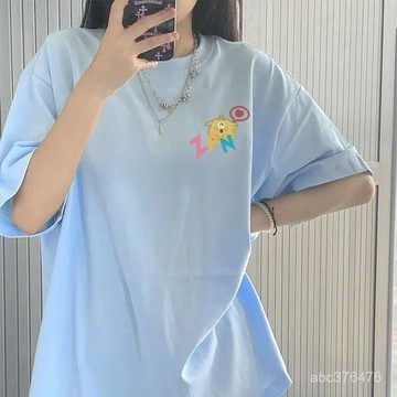 免運 美式復古 天藍色 純棉質感 短袖T恤女 寬鬆 夏季新款 小眾設計感 印花T  短袖上衣 大尺碼遮肉