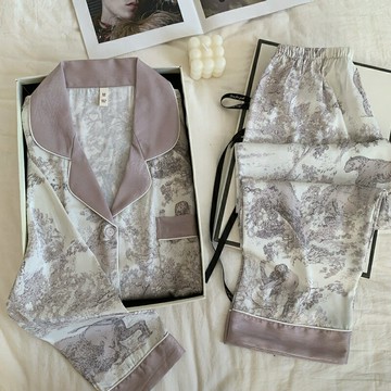 現貨+預購 女絲質居家睡衣套裝緞面上衣絲綢冰絲睡衣薄款長袖睡衣睡褲-山景如畫印花74kl9【獨家進口】【米蘭精品】