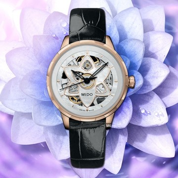 MIDO美度 廣告熱賣 Rainflower Blossom花雨鏤空玫瑰金皮帶34㎜ M6(M0432363610100)