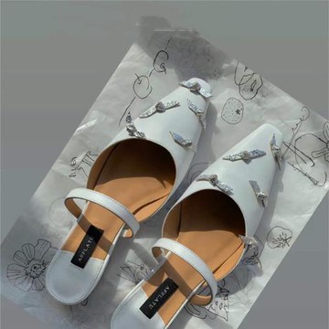 Afflatus3氣質法式小方頭涼鞋女包頭粗跟平底涼拖鞋蝴蝶結白色鞋