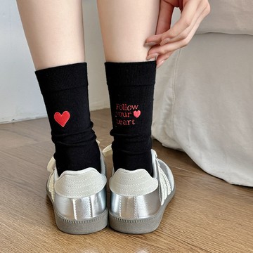 襪子女秋冬新款中筒襪 AB款愛心刺繡棉襪個性少女堆堆襪百搭長襪F710