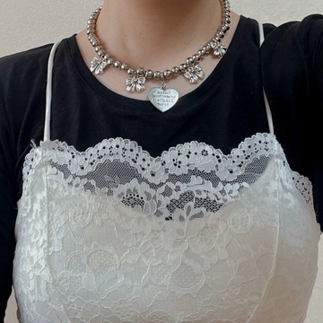 珠項鍊絲帶緞帶項鍊心型項鍊金屬銀項鍊