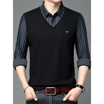 中年男士長袖T恤春秋薄款寬松大碼男裝上衣加肥加大襯衫領假兩件